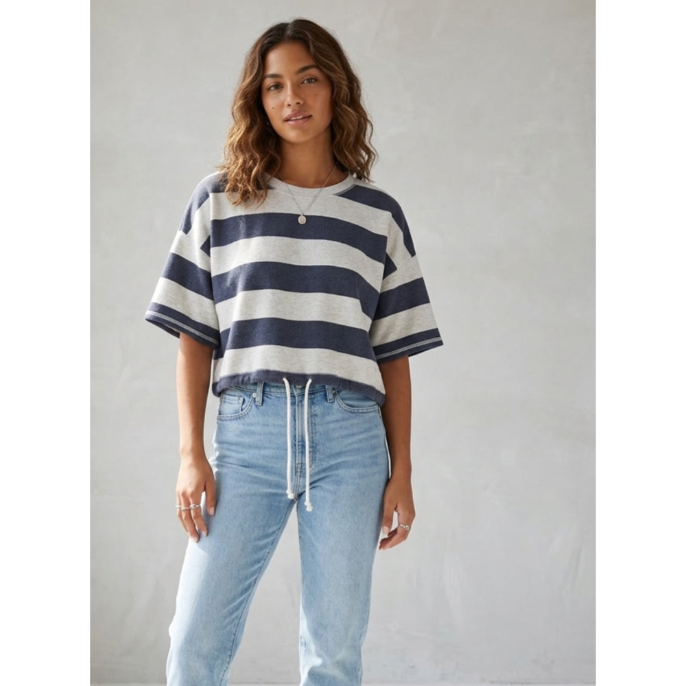 American Eagle Striped Cropped Drawstring Short Sleeve Sweatshirt Gray Navy M